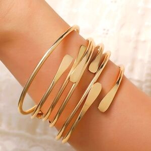 6pcs Elegant Simple Bracelet Set, Hammered Ends  Twisted Design Gold Or Silver